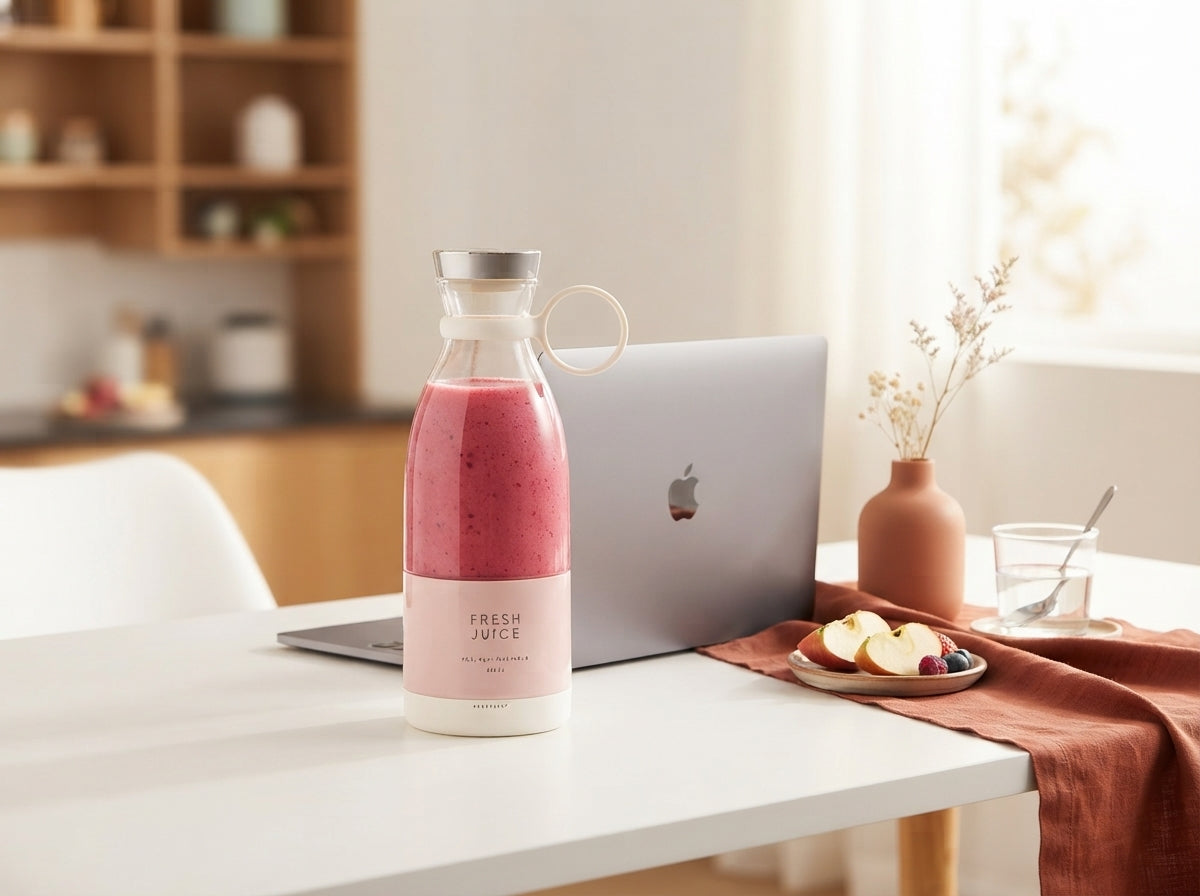 A portable mini blender with a fresh smoothie on a white desk next to a laptop, styled with terracotta and burnt sienna decor