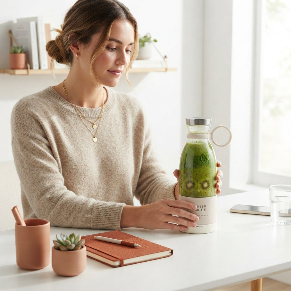 A person using a portable mini blender to make a smoothie at a desk with terracotta and white office accessories.