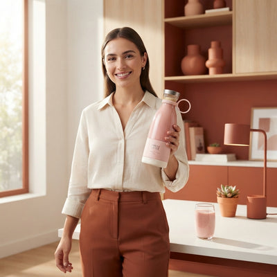 A woman holding a portable mini blender in a sunlit office, representing a healthy and convenient lifestyle.