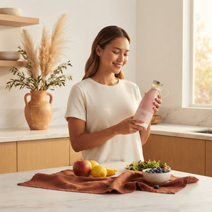 A woman holding a portable mini blender in a bright kitchen with terracotta and burnt sienna decor, symbolizing easy daily we